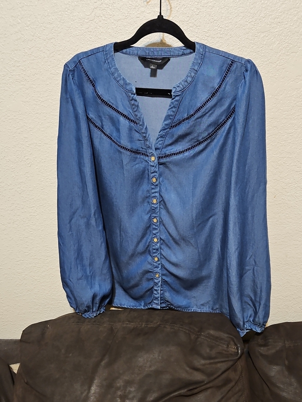 Lightweight Blue Button-Down Chambray Blouse with Ladder Trim
